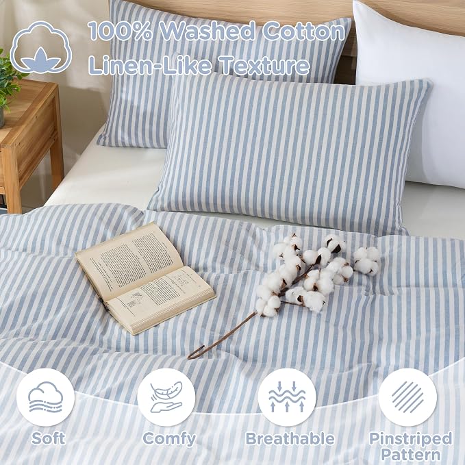 TOCOMOA Blue Striped Duvet Cover Set 100% Washed Cotton Like Linen, King | Linen-Like Feel Soft, Breathable & Comfy for All Season. Lightweight Bedding Set with Zipper & 8 Ties. 3 Pcs, No Insert