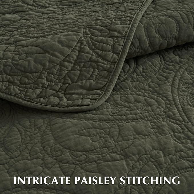 EVERGRACEHOME 100% Cotton Paisley Quilt Set, King Size, Olive Green | Prewashed for Softness, Year-Round Breathability, Gift-Ready Box, Matelasse-style Quilted Coverlet, 3 Piece Set with 2 Shams
