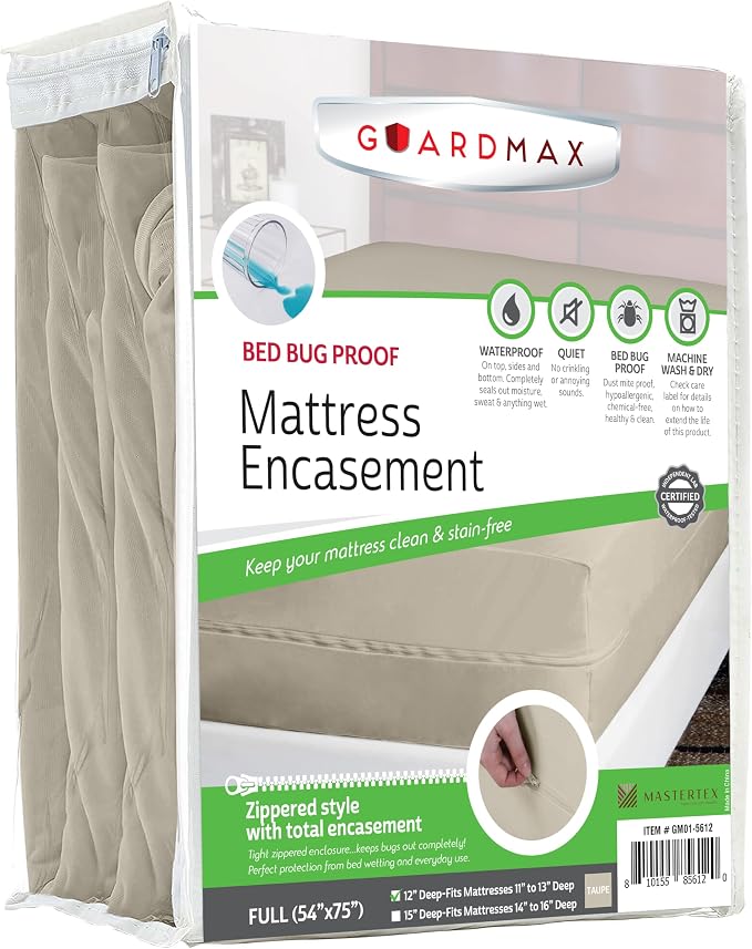 Guardmax Full Mattress Encasement with Zipper, Waterproof, Bed Bug Proof, and Dust Mite Proof Mattress Protector for Full Size Bed up to 12" Deep, Zippered All Around Jersey Knitted Mattress Cover