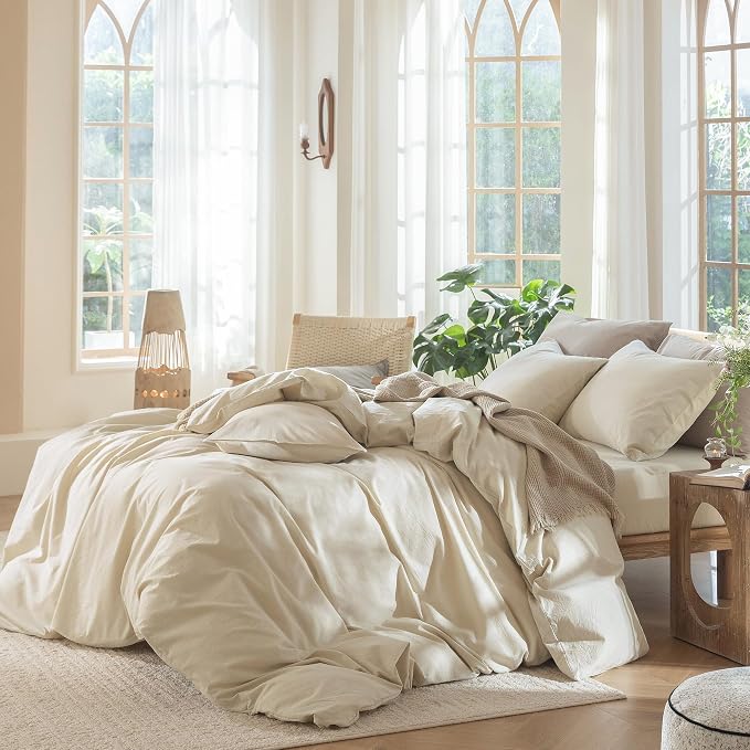 MooMee Duvet Cover Set 100% Washed Cotton Linen Like Twin | Relaxed Linen-like Texture. Soft, Breathable & Long-lasting Comfort. Lightweight. Hidden Zipper with 8 Interior Corner Ties