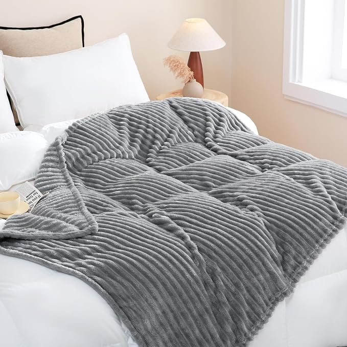 Grey Fleece Throw Blanket 90”×90” for Couch Sofa Livingroom | Super Soft Cozy Plush Microfiber Flannel Bed Blanket Striped Design Lightweight Home Decor Gifts for Adults Mom Women