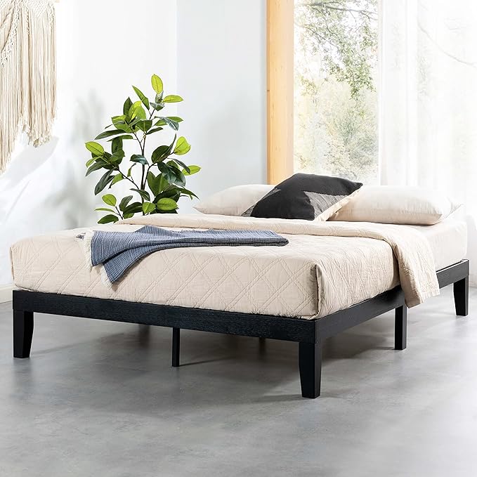 Mellow Naturalista Classic 12 Inch Solid Wood Platform Bed with Wooden Slats, Full, Black