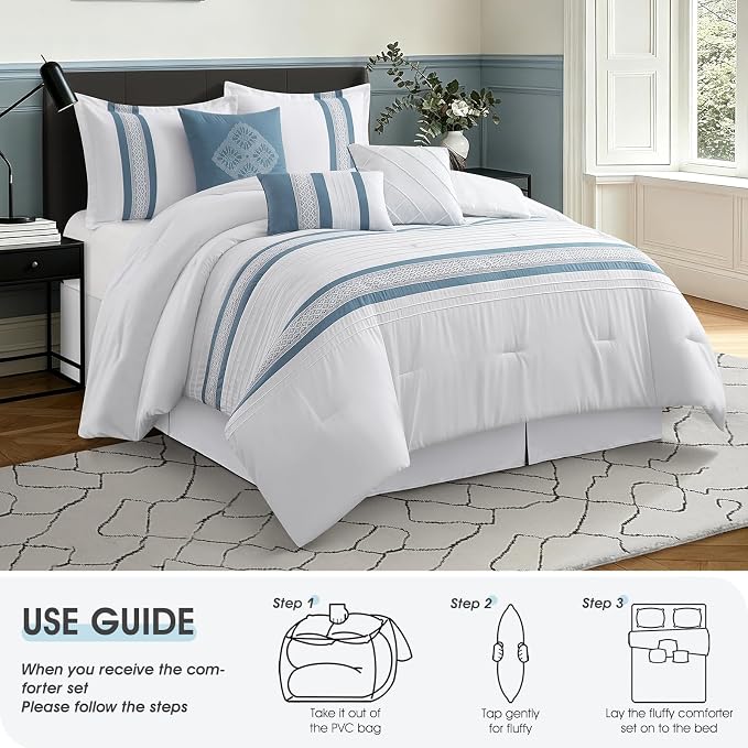 7 Piece Comforter Set, Blue White, Queen Size, Boho Style Geometric Microfiber Embroidery, Bed in a Bag with Bedskirt, Pillow Shams and Decor Pillows