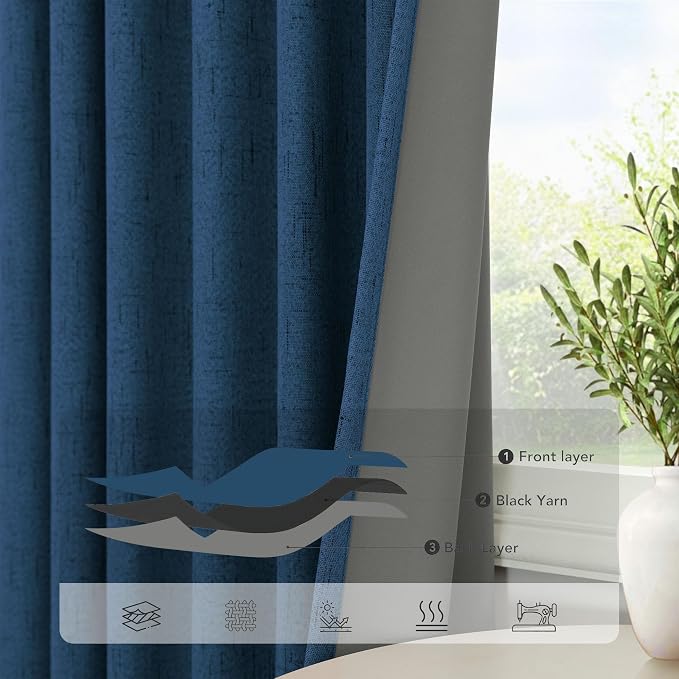 Navy Blue Linen Textured Curtains 90 Inches Long 2 Panels Set Modern Neutral Nursery Blackout Curtains for Kids Bedroom Black Out Thermal Drapes for Summer Heat Noise Reducing Back Tab 52x90 Length