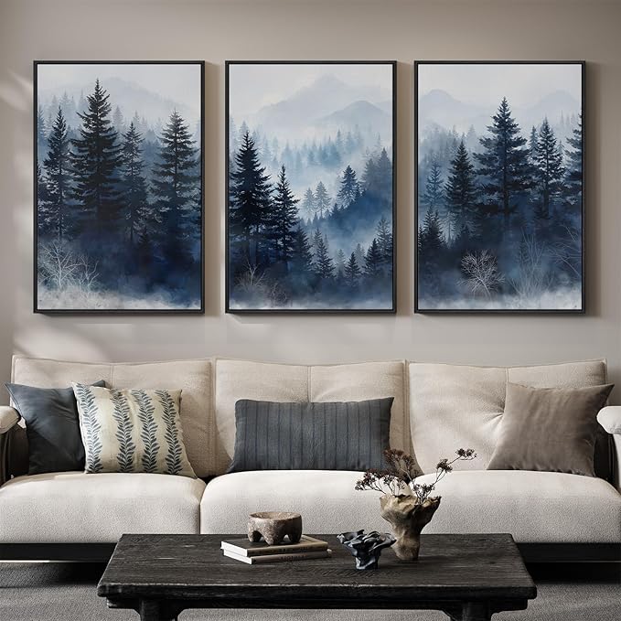 Framed Blue Foggy Forest Mountain Wall Art for Living Room, 3 Piece, 24x36 | Misty pine tree, Foggy scenic, Nature landscape, Solid wood frame, Ready to hang, Bedroom wall decor, Canvas print artwork