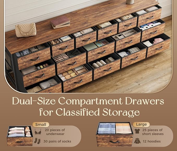 Huuger 77.6" Long Dresser for Bedroom, 16 Drawer Fabric Dresser for Closet, Wide Chest of Drawers with Storage, TV Stand for 65, 75, 85 Inch TV, 77.6" W x 13" D x 26.4" H, Rustic Brown