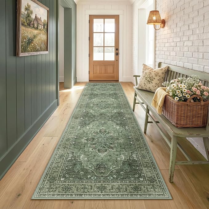 RELEANY Washable Area Rug, Runner 2'x8', Green/Dark Green/Gray | Non-Slip, Water Repellent, Pet Friendly, Easy to Clean, Vintage Floral Boho Decor for Kitchen Hallway Bedroom Laundry