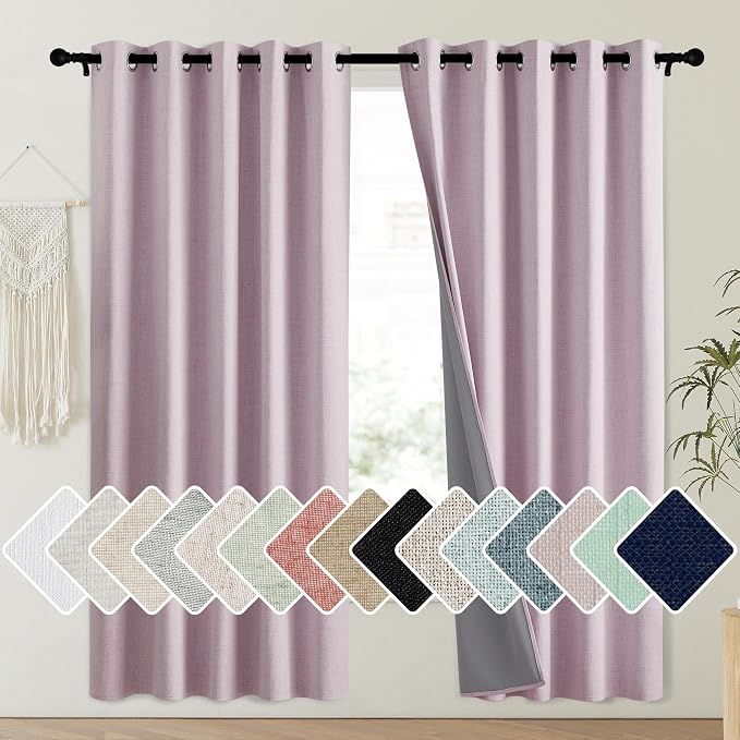 NICETOWN Pink Vintage Linen 100% Blackout Curtains for Playroom, Thermal Insulated Curtains 72" Long, Noise Reducing Window Treatment Drapes for Laundry Room, 62" Wide Per Panel, Set of 2