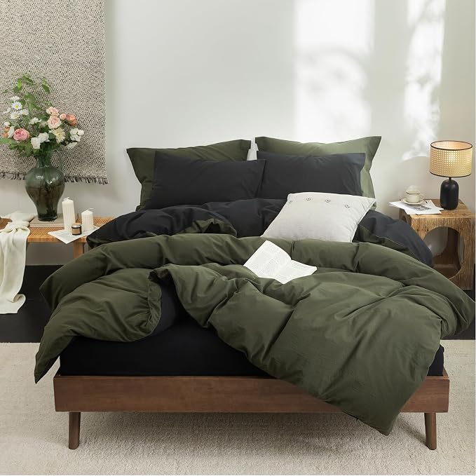 BDEAR 3Pcs Duvet Cover Set Queen Size 90" Wx90 L,Olive Green and Black | 100% Washed Cotton, 1 Duvet Cover with 2 Pillowcases, Zipper Closure, OEKO TEX Standard,8 Corner Ties,Linen-Liked Texture