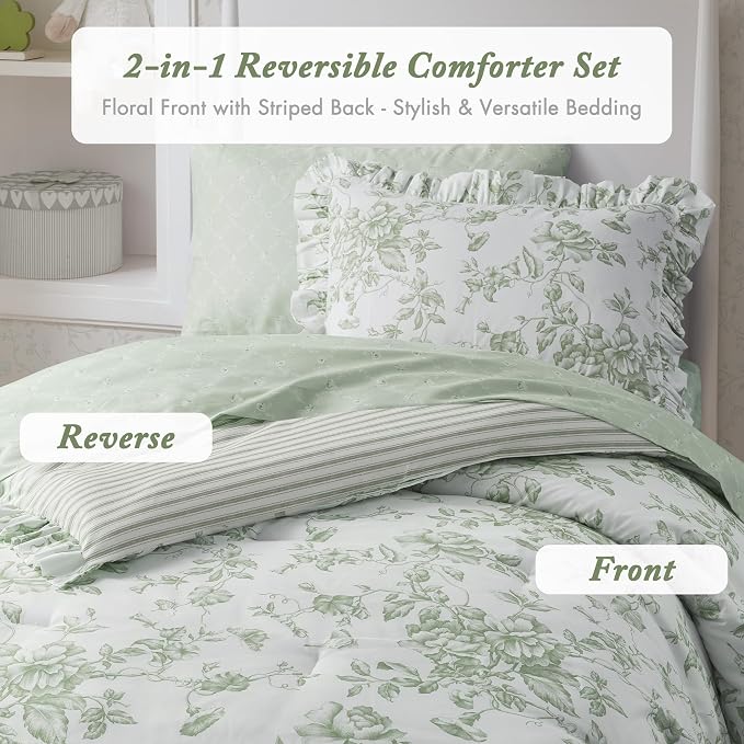 Madison Park Essentials Green Floral Comforter Set with Sheets Twin XL,5pc | Reversible, Elegant College Dorm Bedding, Ruffle Bed in a Bag, All Season, Machine Washable, Wrinkle Resistant, Ultra Soft