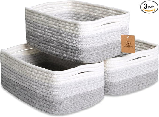 NaturalCozy 11.8"x8"x4.5” Rectangle Storage Baskets for Shelves 3 Pack | Cotton Rope Woven Small Baskets for Organizing | Small Storage Bins for Nursery, Bathroom, Closet, Shelf, Decorative, Gift