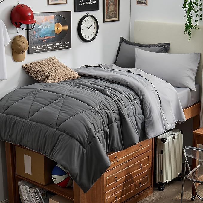 BEDELITE Twin XL Comforter Set 5 Pieces, Reversible Dark Grey Bed in A Bag | Soft All Season Down-Alternative Comforter, Sheets, Pillowcases & Shams, OEKO-TEX Certified Bedding for Drom Room, College