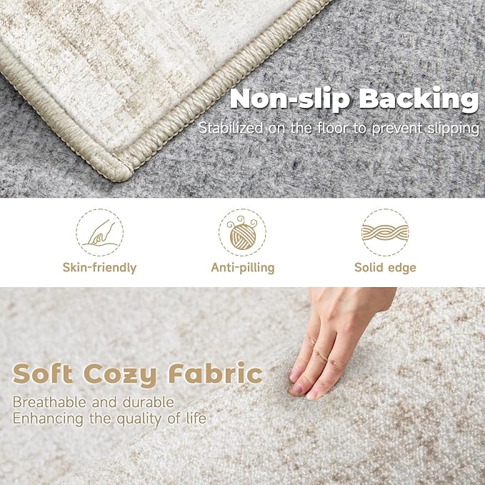 9x12 Area Rugs Washable Rug: Abstract Neutral Rugs Modern Non Slip Area Rug Stain Resistant Low Pile Indoor Carpet for Dining Room Bedroom Nursery Office (Beige, 9'x12')