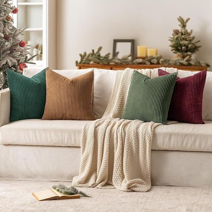 MIULEE Soft Corduroy Decorative Throw Pillow Covers Christmas Green 22x22 | Set of 4, Mordern Nordic Christmas Decor, Green Red Accent Set, Boho Farmhouse Cushion Covers for Couch Bed Sofa Living Room