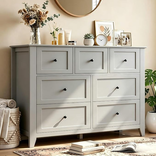 Garvee Grey 7-Drawer Dresser for Bedroom, 54" Entryway Storage Organizer | Modern Lacquered Chest of Drawers for Bedroom, 15.8"D x 54"W x 31.5"H, MDF