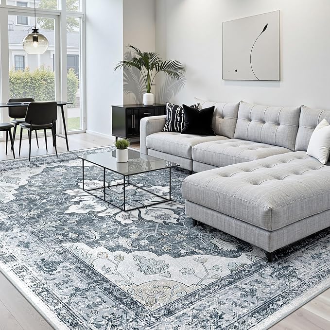 RELEANY Washable Area Rug, 8'x10', Grey/White/Beige | Non-Slip, Water Repellent, Pet Friendly, Easy to Clean, Vintage Floral Boho Decor for Living Room Bedroom Dining Room