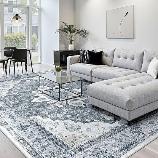 RELEANY Washable Area Rug, 8'x10', Grey/White/Beige | Non-Slip, Water Repellent, Pet Friendly, Easy to Clean, Vintage Floral Boho Decor for Living Room Bedroom Dining Room
