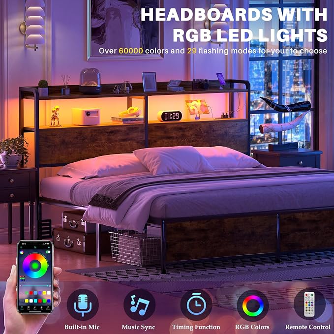 Aheaplus Headboard for Queen Size Bed Frame, Headboards with Outlets, USB Ports and LED Light, Head Board with Storage, Height Adjustable, Sturdy and Stable Headboard, Queen Size, Rustic Brown