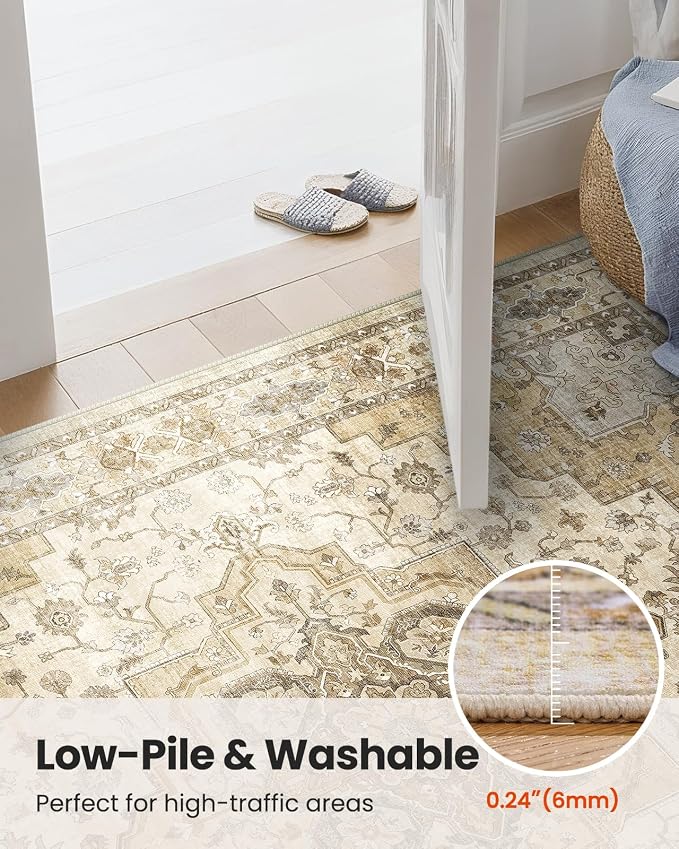 AMADA HOMEFURNISHING 8x10 Area Rug for Living Room, Vintage Washable Area Rug Low-Pile & Non-Slip Carpet for Bedroom Dining Room Nursery Home Office, Beige/Cream