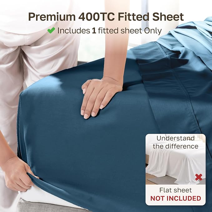 California Design Den Soft 100% Cotton Sateen King Fitted Sheet, Blue | 400 Thread Count Backed by Good Housekeeping Seal, 16" Deep Pocket, All-Around Elastic, No-Pop Fit, Durable, OEKO-TEX