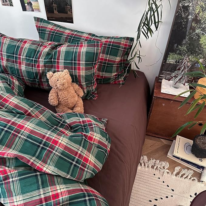 mixinni Vintage Green Buffalo Plaid Washed Cotton Duvet Cover Queen - Soft Breathable Textured Bedding Set with Zipper Closure for All Seasons-1 Duvet Cover + 2 Pillow Shams-Queen Size
