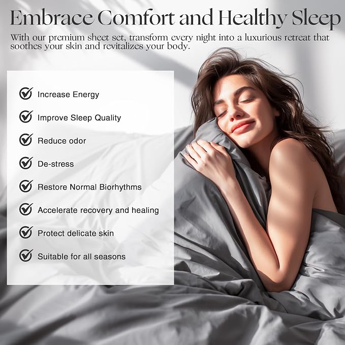 Silver Infused Bed Sheets Set, Temperature-Regulating Fabric with Self-Cleaning Technology for 3X Freshness Sleep, Genuine Organic Viscose Derived from Bamboo (King, Darkgray)