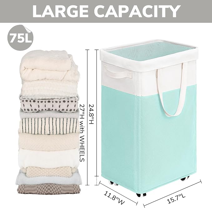 Goodpick Laundry Basket with Wheels, 75L Laundry Hamper with Wheels, Large Laundry Basket with Removable Wash Bag, Clothes Hamper for Laundry, Blue&White | Clothes Hamper with Removable Wash Bag for Laundry Room, Large Rolling Laundry Basket with Handl...
