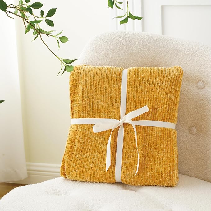 Mustard Yellow Throw Blanket for Couch, Chenille Throw Blanket 51"x67" | Shiny Chenille Blanket, Cozy Brethable Knit Throw Blanket, Fall Mustard Blanket for Bed Sofa Home Decor