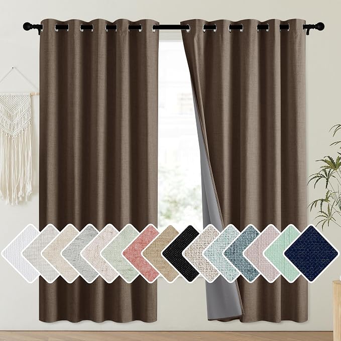 NICETOWN Coffee Vintage Linen 100% Blackout Curtains for Playroom, Thermal Insulated Curtains 72" Long, Noise Reducing Window Treatment Drapes for Laundry Room, 62" Wide Per Panel, Set of 2