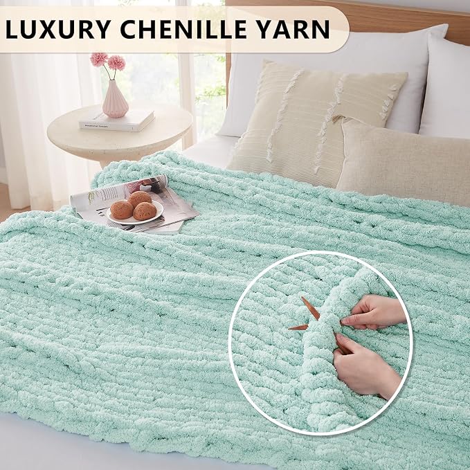 L'AGRATY Chunky Knit Throw Blanket for Couch, 50 x 60 Inches, Mint Green | Handmade Chenille Crochet Blanket for Sofa Bed, Thick Cable Knitted Blankets for Room Home Decor, Birthday Gift for Women Mom
