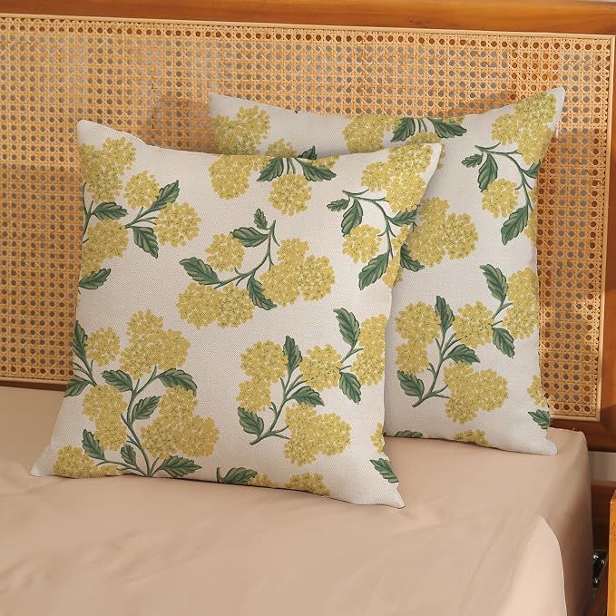 Mustard Yellow Summer Outdoor Pillow Covers 18x18 Inch 2 Pcs Green Hydrangea Flower Decor Throw Pillows Spring Seasonal Vintage Floral Decoration Pillowcase Linen Cushion Cover for Couch Sofa