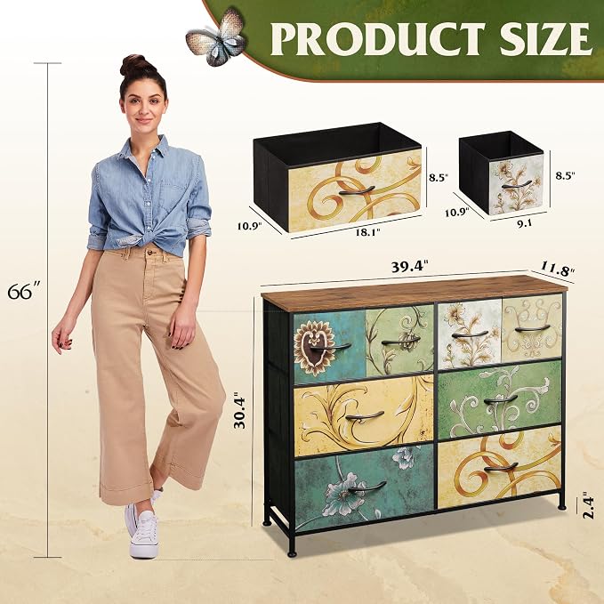 WLIVE Wide Dresser for Bedroom, 8 Drawer Chest of Drawers, Floral | 8 roomy fabric drawers, Wide storage design, Bedroom or closet use, Sturdy steel frame, Smooth wood tabletop