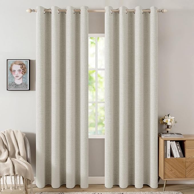 MIULEE 100% Blackout Linen Curtains for Bedroom 52x90 Inches Light Cream | Room Darkening, Light Blocking, Thermal Insulated, Grommet Top, Linen Textured, Window Curtains for Living Room, 2 Panels