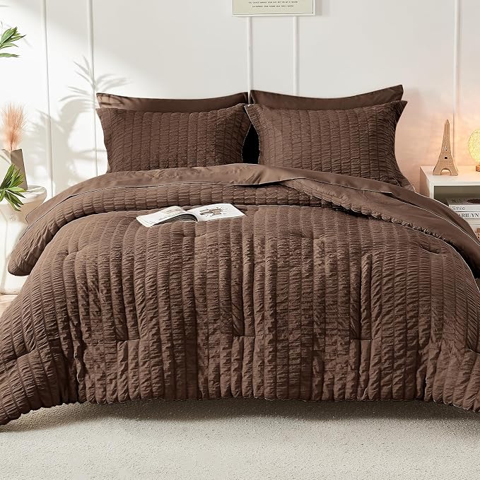 HYMOKEGE Dark Brown Queen Comforter Set Seersucker 7 Pieces, All Season Luxury Bed in a Bag Queen for Bedroom, Bedding Set with Comforter, Sheets, Pillowcases & Shams
