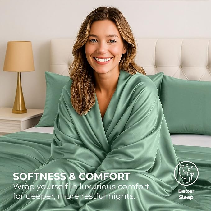 Satin Sheets Full [4-Piece, Champagne Green] Hotel Luxury Silky Bed Sheets - Extra Soft 1800 Microfiber Sheet Set, Wrinkle, Fade, Stain Resistant - Deep Pocket Fitted Sheet, Flat Sheet, Pillow Cases