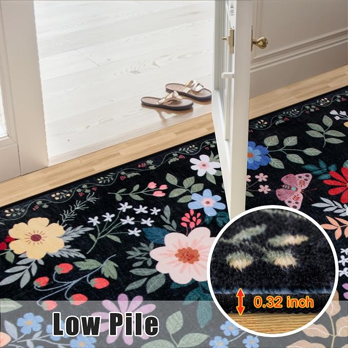 PLHXFR 2x6 Washable Runner Rug：Floral Indoor Kitchen Soft Carpet Black | For Hallway Bedroom Kitchen Laundry Bathroom Dorm,Vintage Floral,Machine washable,Non Slip,Stain Resistant,Indoor Floor