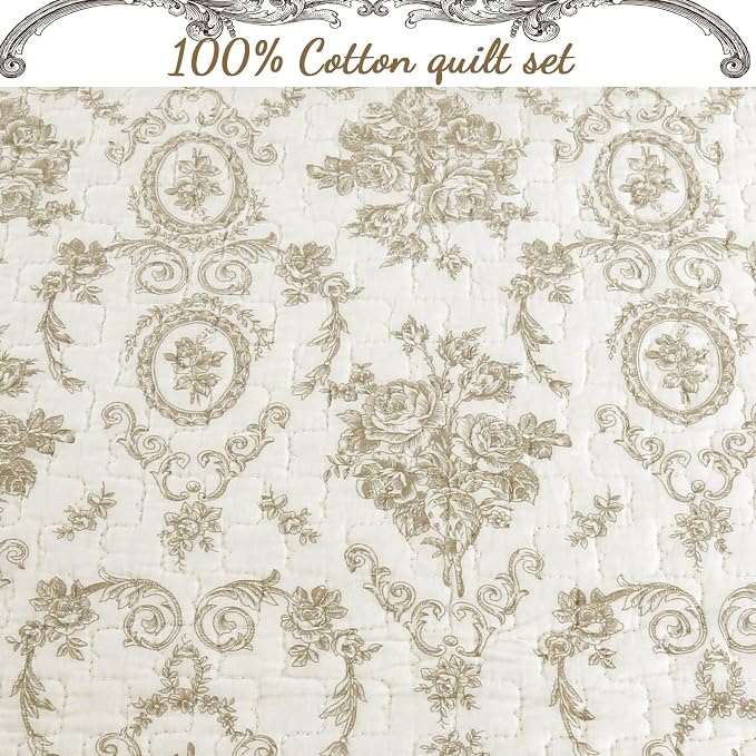 Cozy Line Home Fashions French Medallion 100% Cotton Bedding Quilt Set, Beige Ivory Rose Flower Reversible Coverlet Bedspread (Cream Eggnog, King - 3 piece)