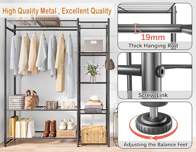 HOMIDEC Wardrobe Closet,Portable Clothes Rack with 4 Tiers Shelves | Freestanding Closet Organizers and Storage System with Hanging Rod,Steel Clothing Rack Suitable for Cloakrooms,Bedrooms.Black