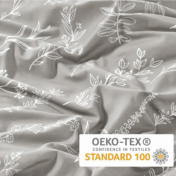 MUXHOMO Duvet Cover King Size, Reversible Floral Silver Gray Duvet Cover Set with Zipper Closure, 3 Pieces Botanical Patterns Soft Microfiber Bedding Set with 4 Ties (90"x104", 2 Pillow Cases)