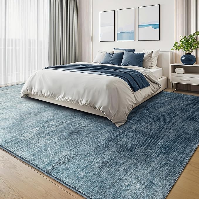 LIANLAM 10x12 Washable Rug, Blue Solid Area Rugs for Living Room & Bedroom | Stain-resistant & Non-slip backing,Low Pile Washable Large Carpet, Solid Vintage Style For High Traffic Areas(10x12,Blue)