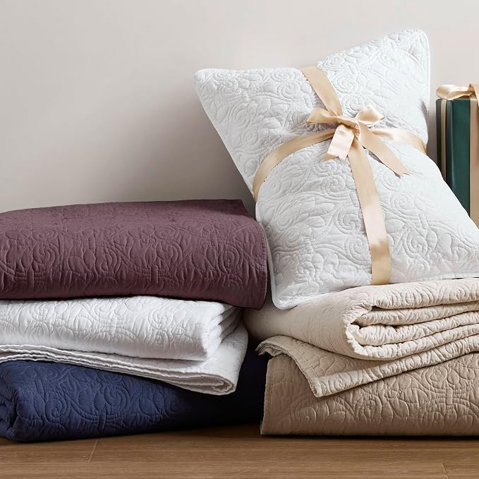 Madison Park Luxurious Cotton Damask Quilt Set, 3PC King/Cal King Bed Set | All Season, Lightweight Stitching Coverlet Bedspread Bedding Stitching with Shams, Purple