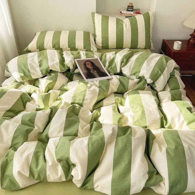 LifeTB Striped Comforter Set Queen Green White Stripes Pattern Printed Comforter 3 Pieces Lightweight Bedding Comforter with 2 Pillowcases Breathable Soft Comfy Farmhouse Striped Comforter Set