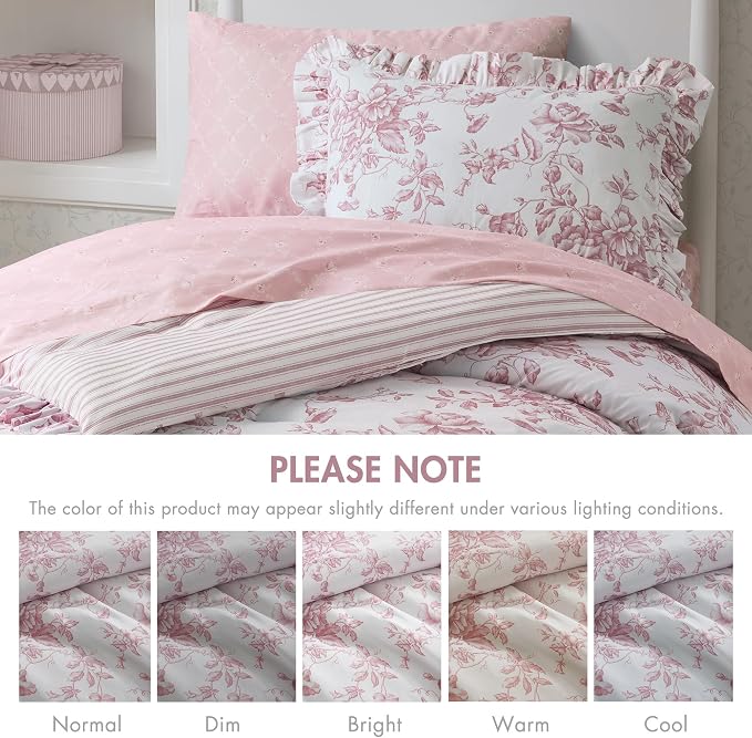 Madison Park Essentials Pink Floral Comforter Set with Sheets Twin XL,5pc | Reversible, Elegant College Dorm Bedding, Ruffle Bed in a Bag, All Season, Machine Washable, Wrinkle Resistant, Ultra Soft