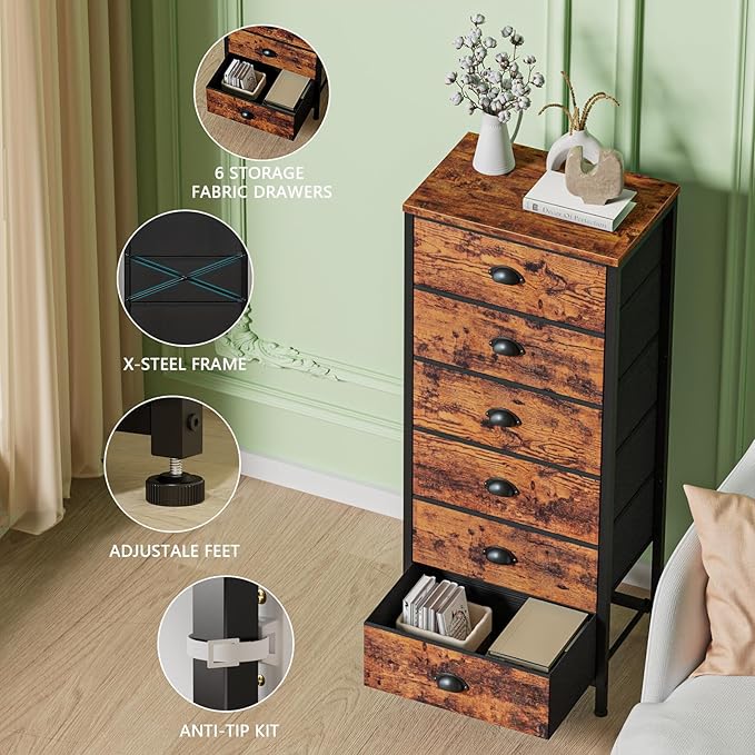 Furnulem Dresser for Bedroom, 6 Bins Tall Fabric Storage Drawers | Rustic Brown Chest of Drawers , Metal Frame, Wood Top,Tall Nightstand for Dorm,Closet, Bedside Furniture in Living Room