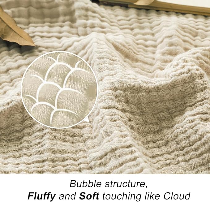 EMME Cotton Blanket Queen Size for Bed Soft Muslin Bed Blankets 90"x90" Beige Lightweight Breathable Bedspread Coverlet All Season Gauze