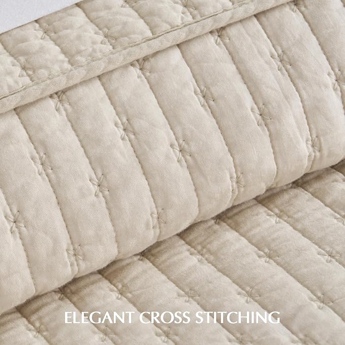 100% Cotton Cross Stitch 3-Piece Quilt Set, 118"x106", Flax Beige | Cross Stitch Cotton Quilt, Pre-Washed Bedding Set, Oversized Lightweight Bedspread Coverlet, for All Season, with 2 Shams
