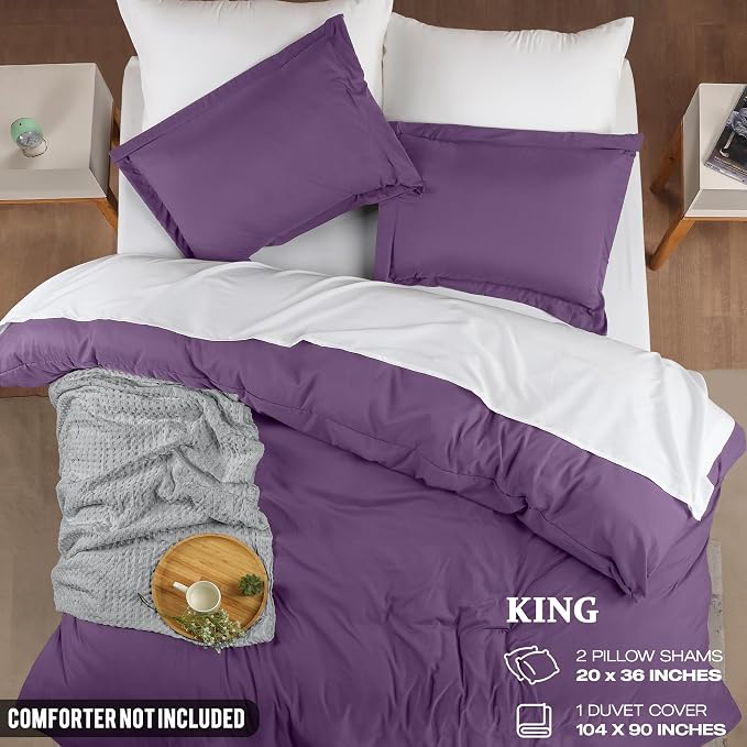 Duvet Cover King, 3 PC Cotton Like Polyester With Zipper Closure, Eggplant | Extra Soft and Breathable, Wrinkle & Fade Resistant, Includes Duvet Cover and 2 Pillow Shams, Comforter Not Included, OekoTex