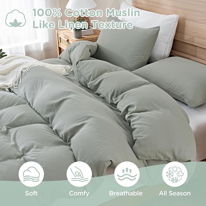TOCOMOA 100% Muslin Cotton Duvet Cover Set, Sage Green, Queen | Linen-Like Texture. Ultra Soft, Breathable, Comfy & Lightweight Bedding Set with Zipper & 8 Ties. 3 Pcs, No Insert