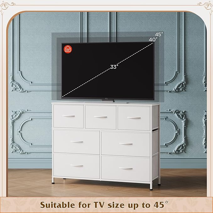 WLIVE Dresser for Bedroom, 7 Drawers, TV Stand, White | 7 roomy fabric drawers, Fits TVs up to 45 inch, Bedroom or living room, Wide storage design, Chest of drawers