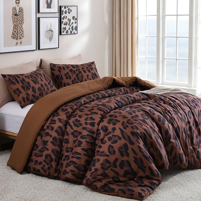 Cheetah Print Comforter Set King Size, Luxury Leopard Print Bedding, Brown | Soft Microfiber Animal Bedding Set with 2 Breathable Pillowcases, Faux Fur Texture, for an All-Season Comforter